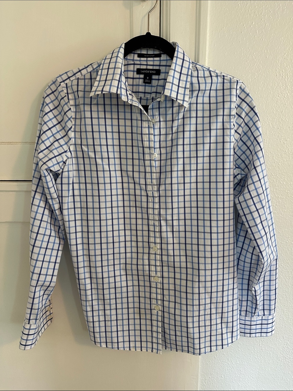 Lands' End Women's White Dress Shirt with Blue Windowpane